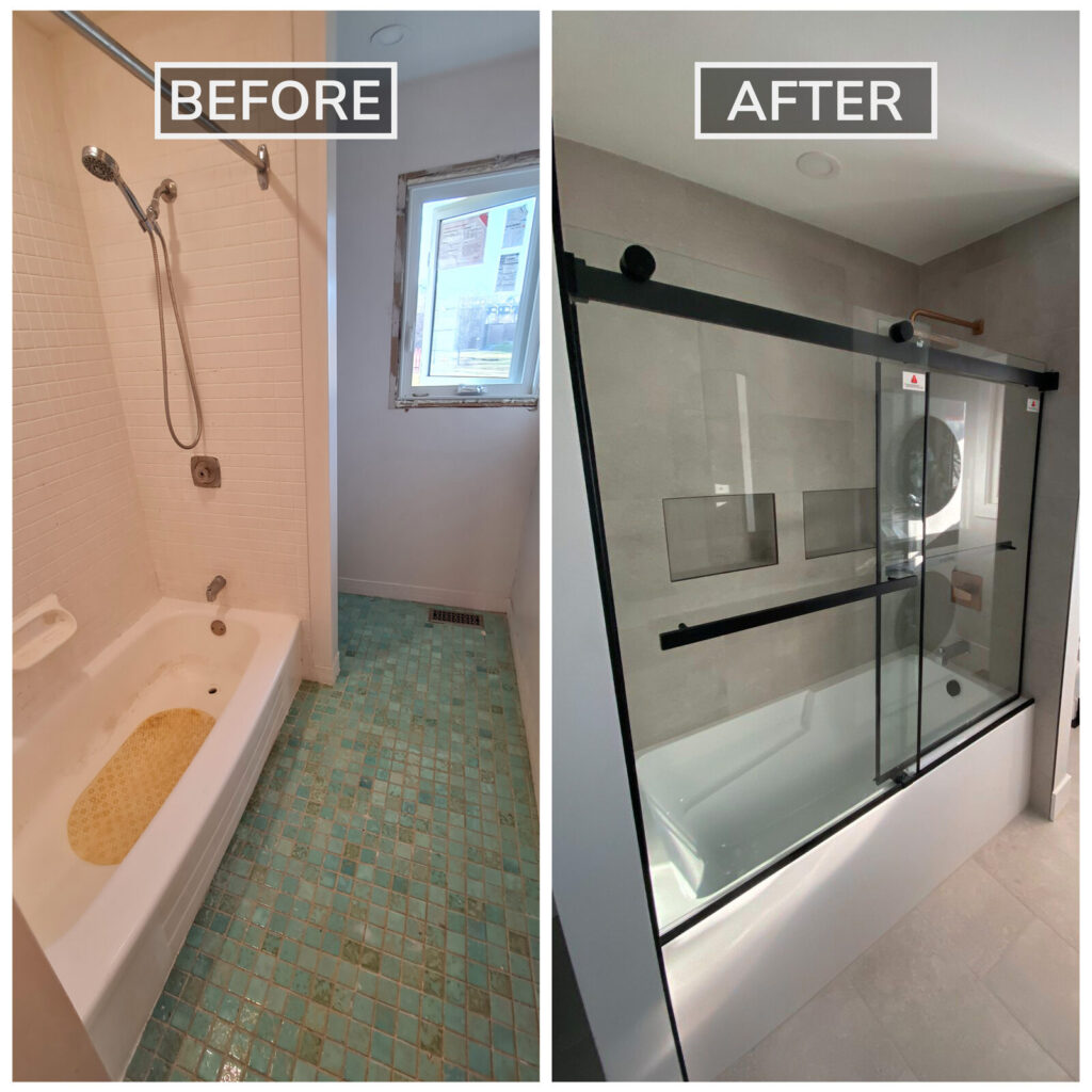Before and after of a full bathroom renovation in Ottawa: a dated tub and green tile replaced with a modern tiled tub-shower and frameless glass door