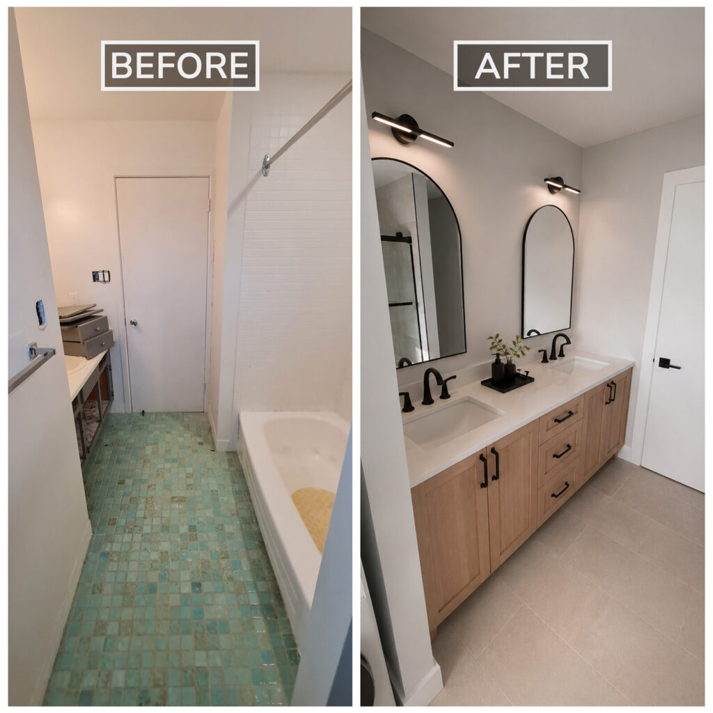 Before and after of an Ottawa bathroom remodel: an old vanity replaced with a custom double vanity, quartz countertop and arched mirrors