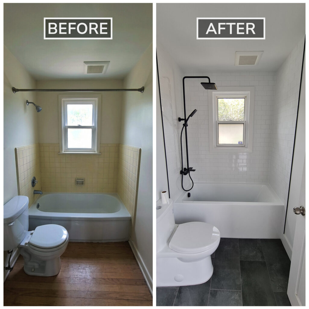 Before and after of a full bathroom renovation in Ottawa: old yellow wall tile and a worn tub replaced with a white subway-tile tub-shower surround and matte-black fixtures