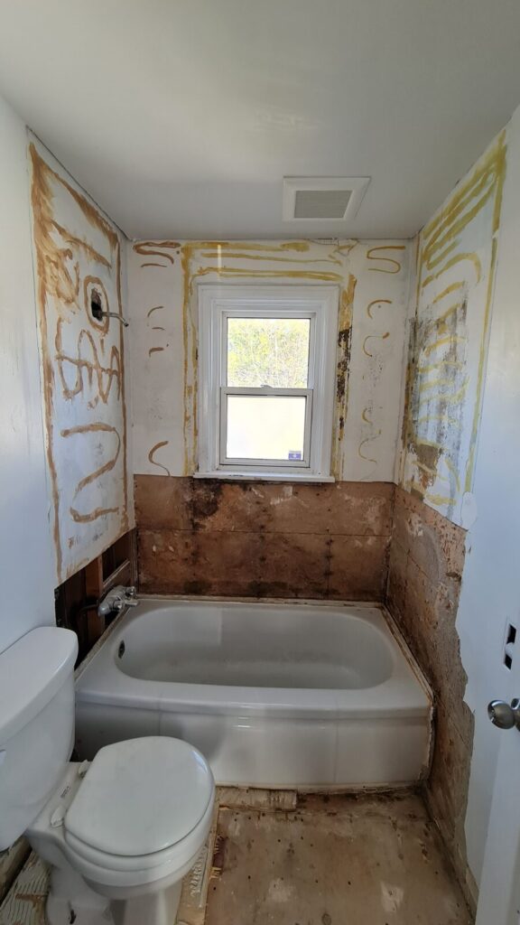 Demolition stage — the original bathroom stripped back to the substrate